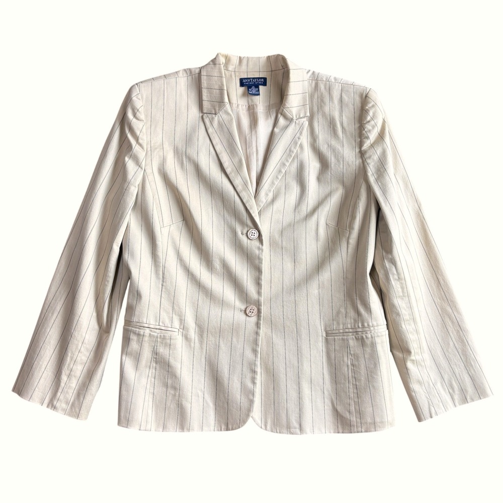 Ann‎ Taylor Factory Beige Pinstripe Cotton Blazer Womens Size 14 Professional
